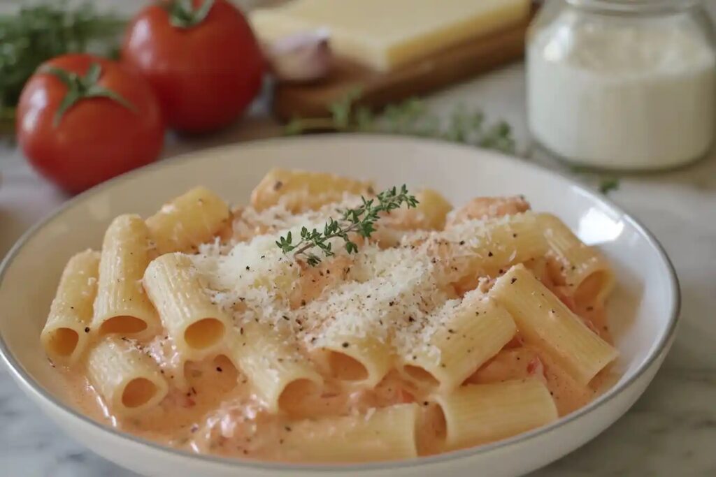 Rigatoni pasta topped with homemade creamy tomato sauce and Parmesan.