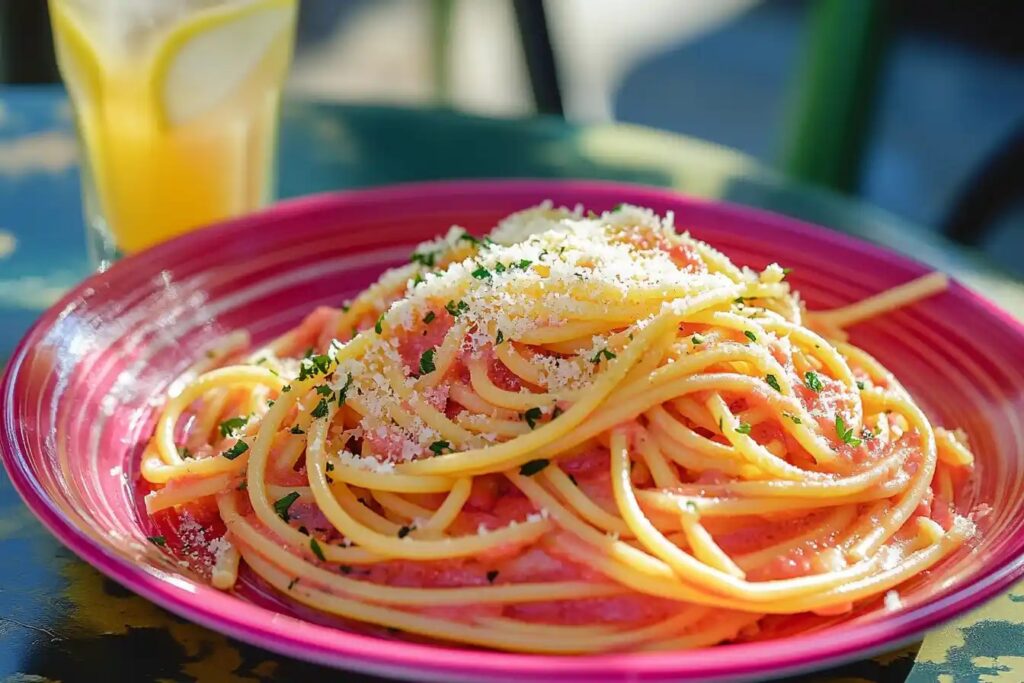 Spaghetti with pink sauce garnished with parsley.