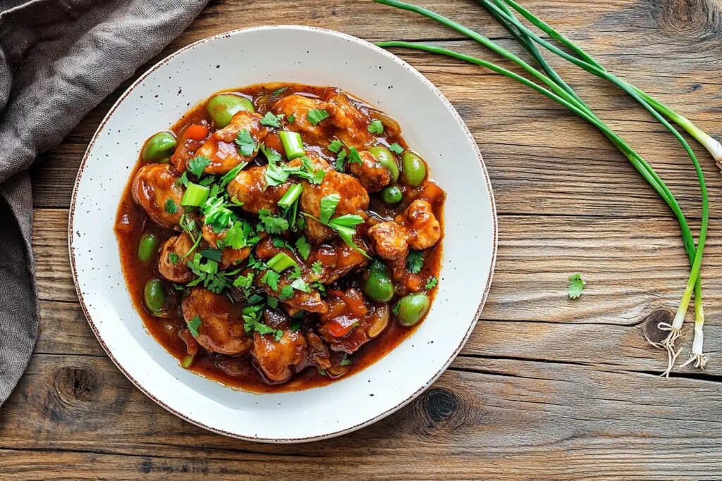 Top-down view of a chicken manchurian recipe plate on a wooden table.