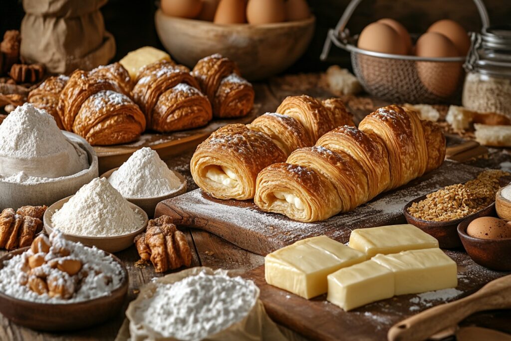 Four basic pastries displayed on a rustic table with ingredients.