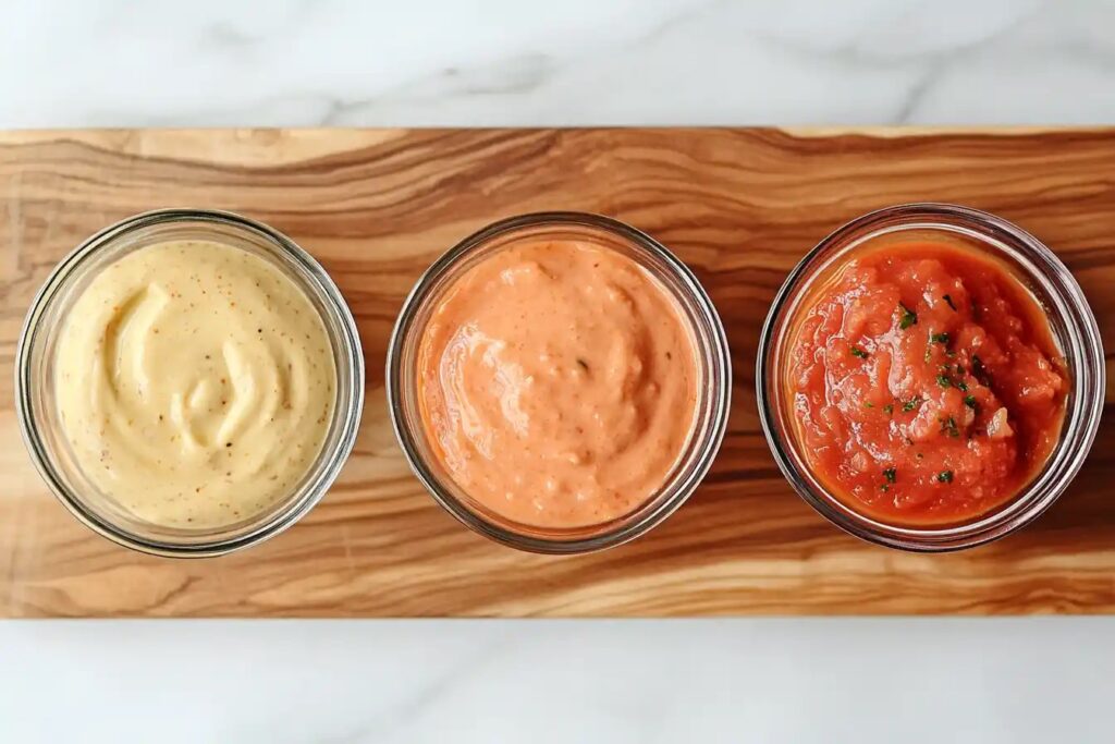 A comparison of vodka sauce, pink sauce, and tomato cream sauce in clear bowls.