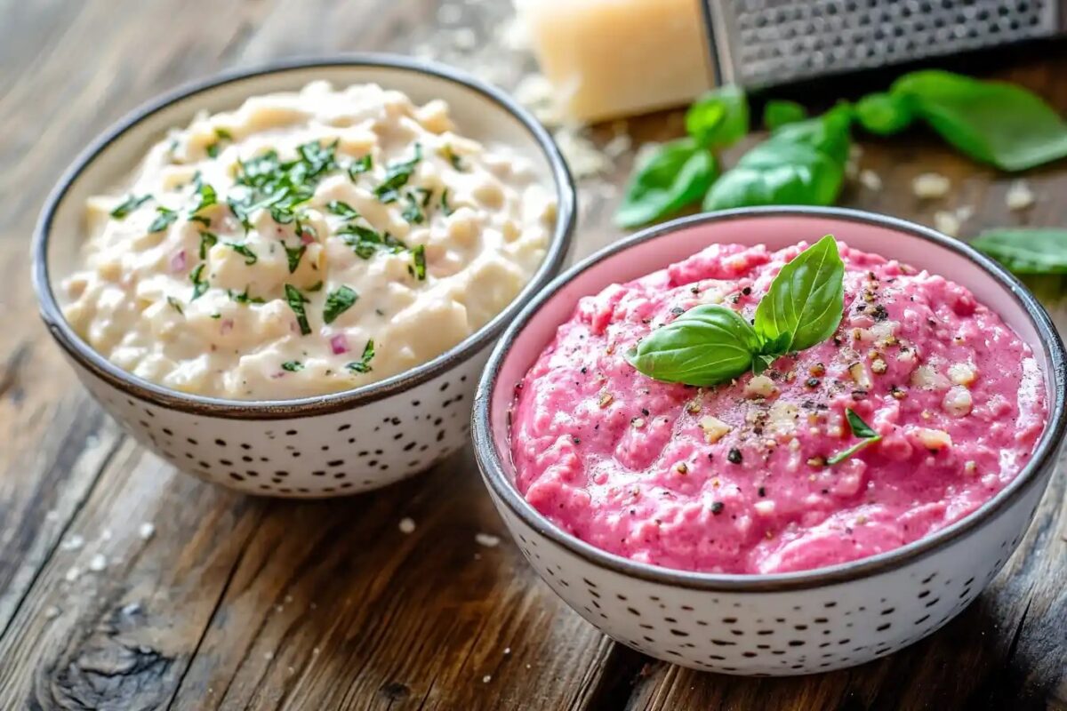 Two bowls of pasta with vodka sauce and pink sauce.