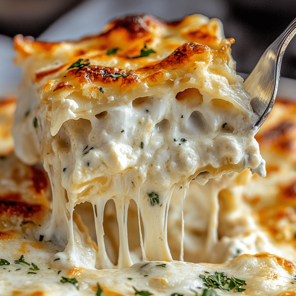 Close-up of creamy chicken and white sauce lasagna slice with stretchy melted cheese and parsley