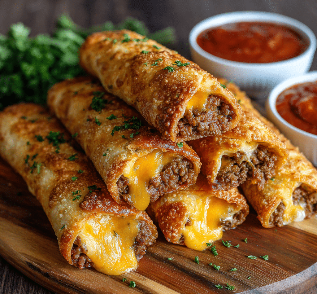 Golden baked cheesy taco sticks on a wooden board with bowls of salsa and sour cream for dipping