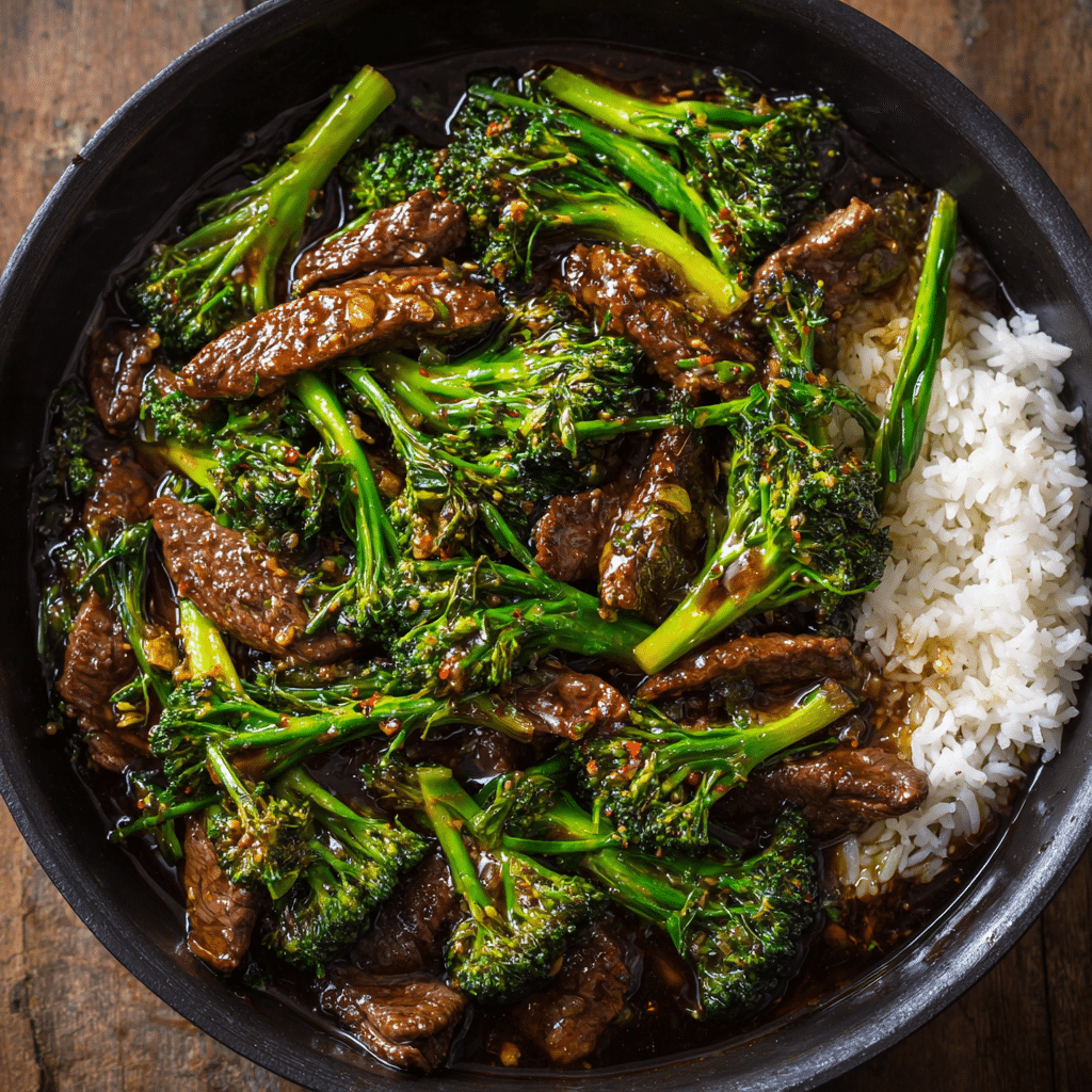 Tender beef stir-fried with fresh broccoli in a glossy garlic soy sauce, served over white rice.