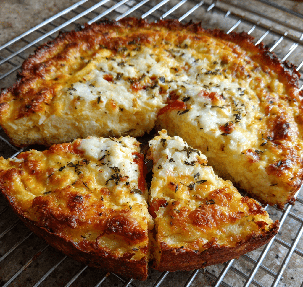 High protein cottage cheese and egg pizza crust baked golden brown on a pizza pan