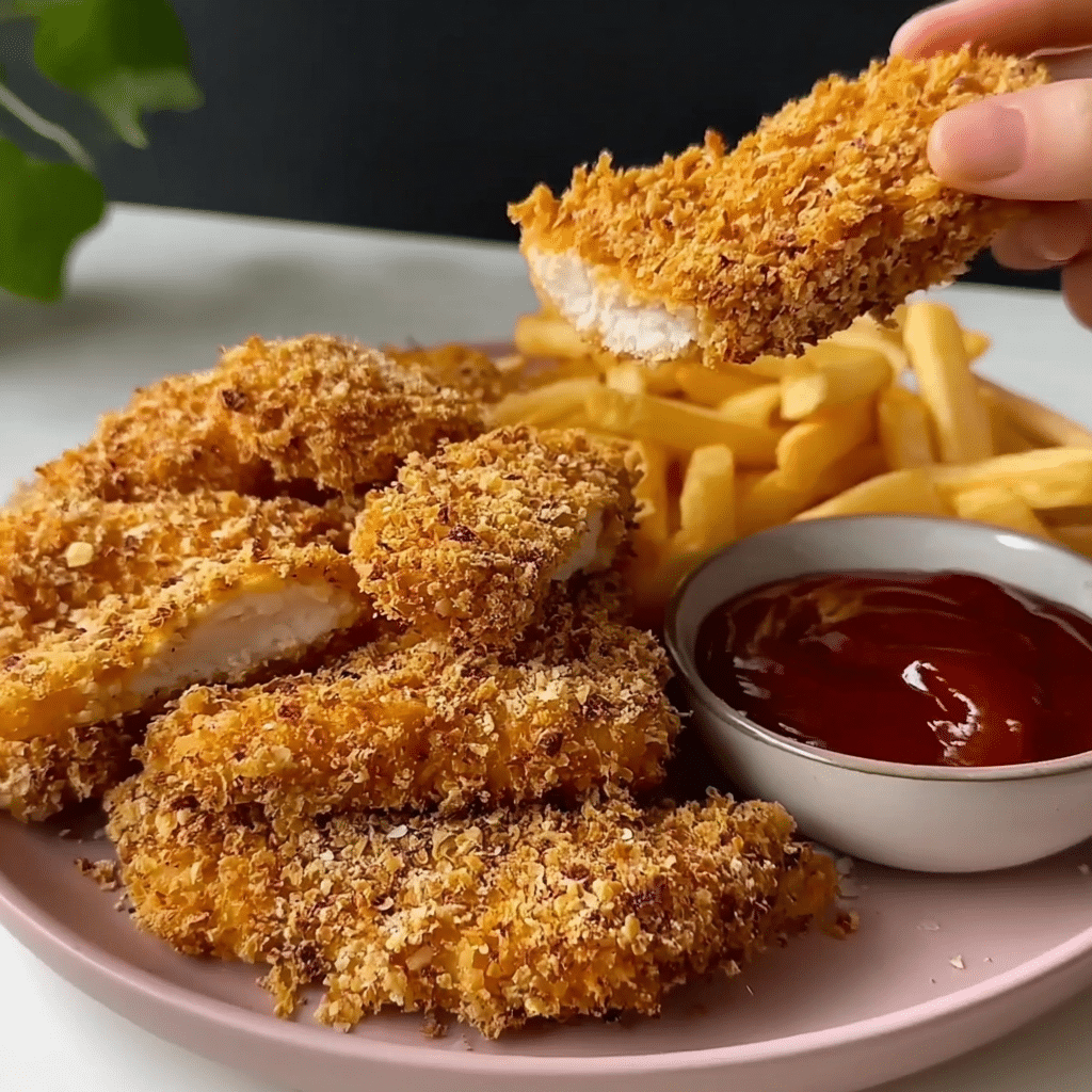 Chicken strips coated in panko before frying