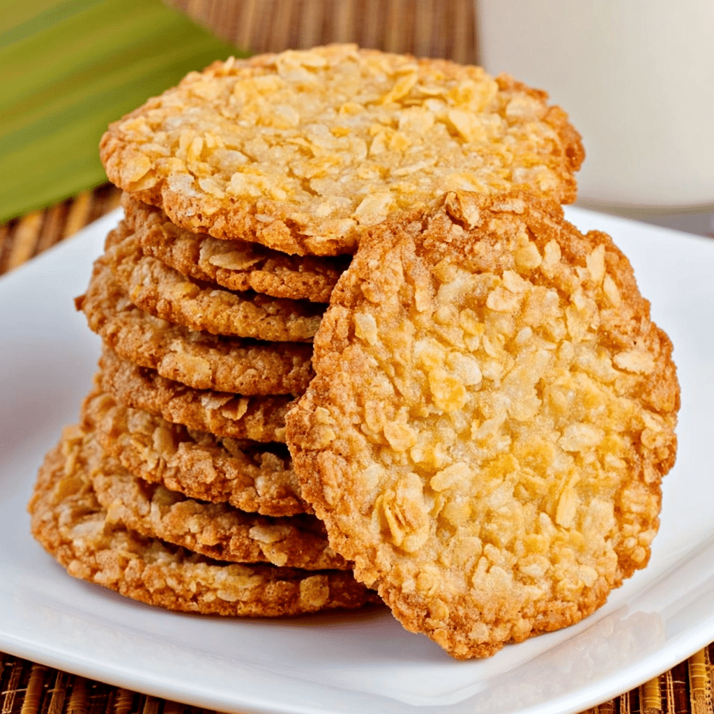 Flourless cornflake cookies stacked on a white plate – crunchy, chewy, and gluten-free.