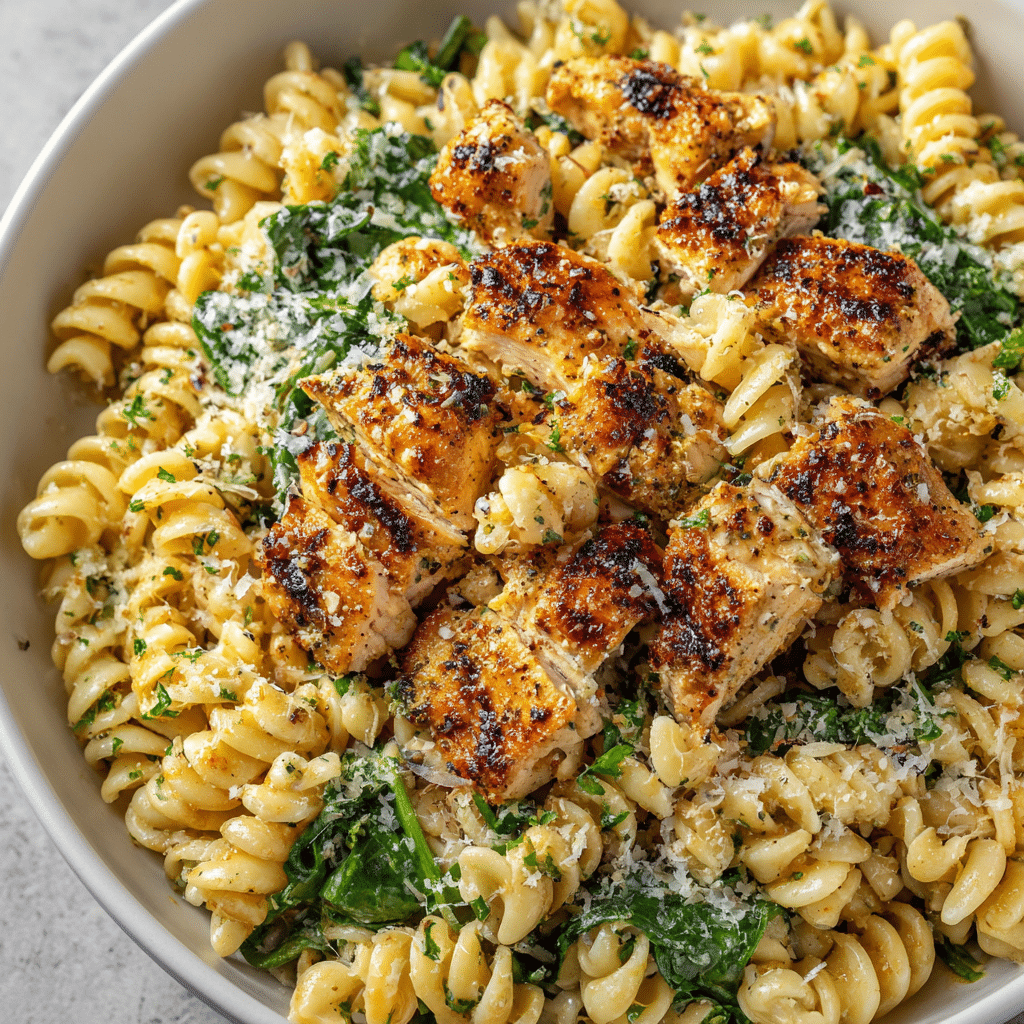 Healthy garlic parmesan chicken pasta served in a white bowl, coated in creamy garlic parmesan sauce, with tender chicken chunks and fresh parsley garnish