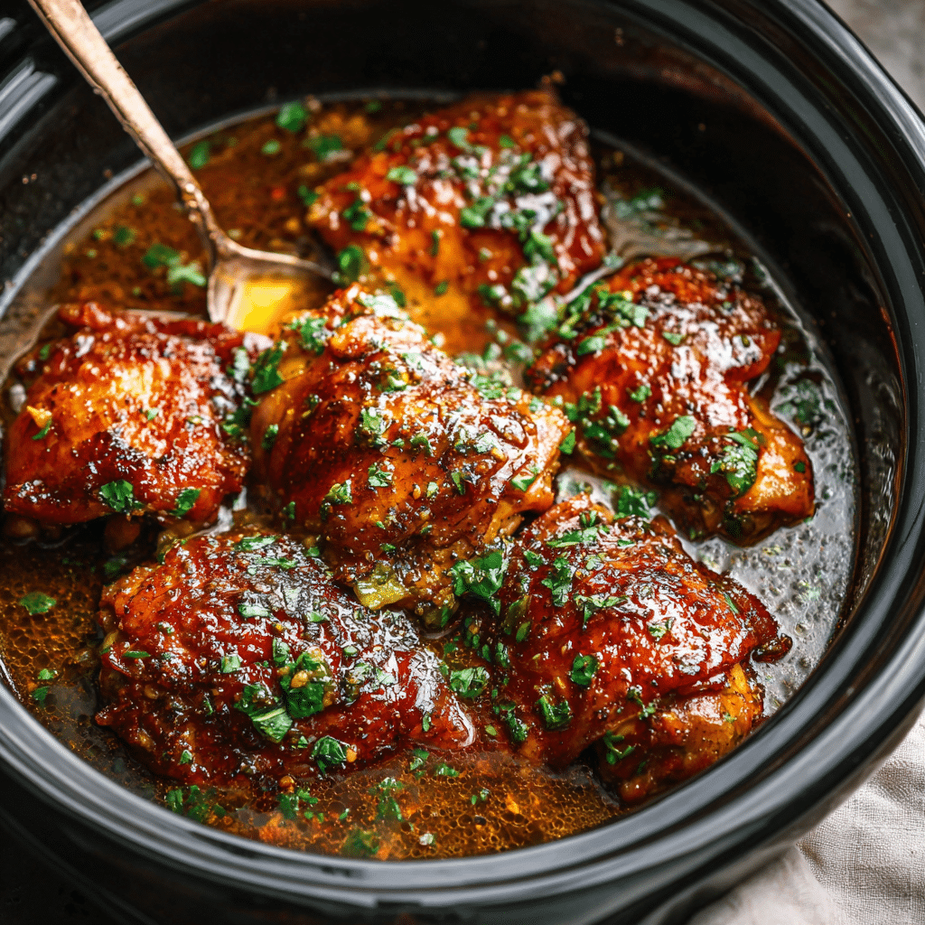 Slow cooker honey garlic chicken thighs served with rice