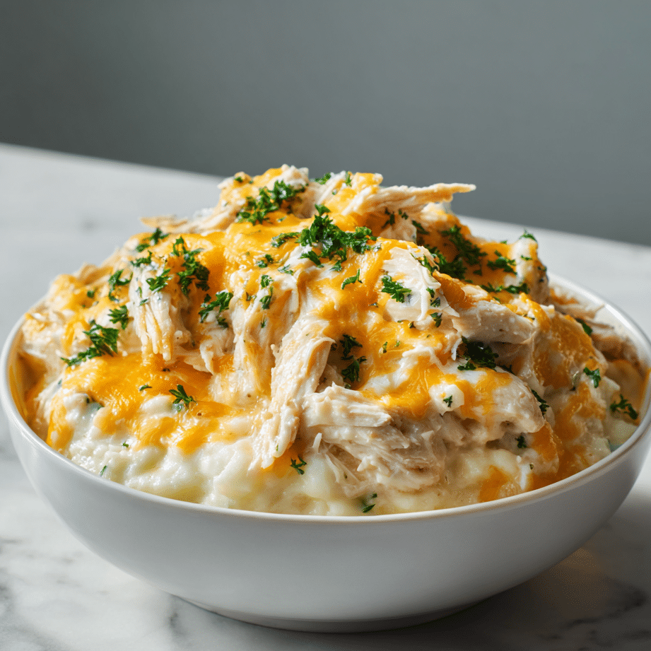 Ranch chicken crock pot recipe served over mashed potatoes with parsley garnish