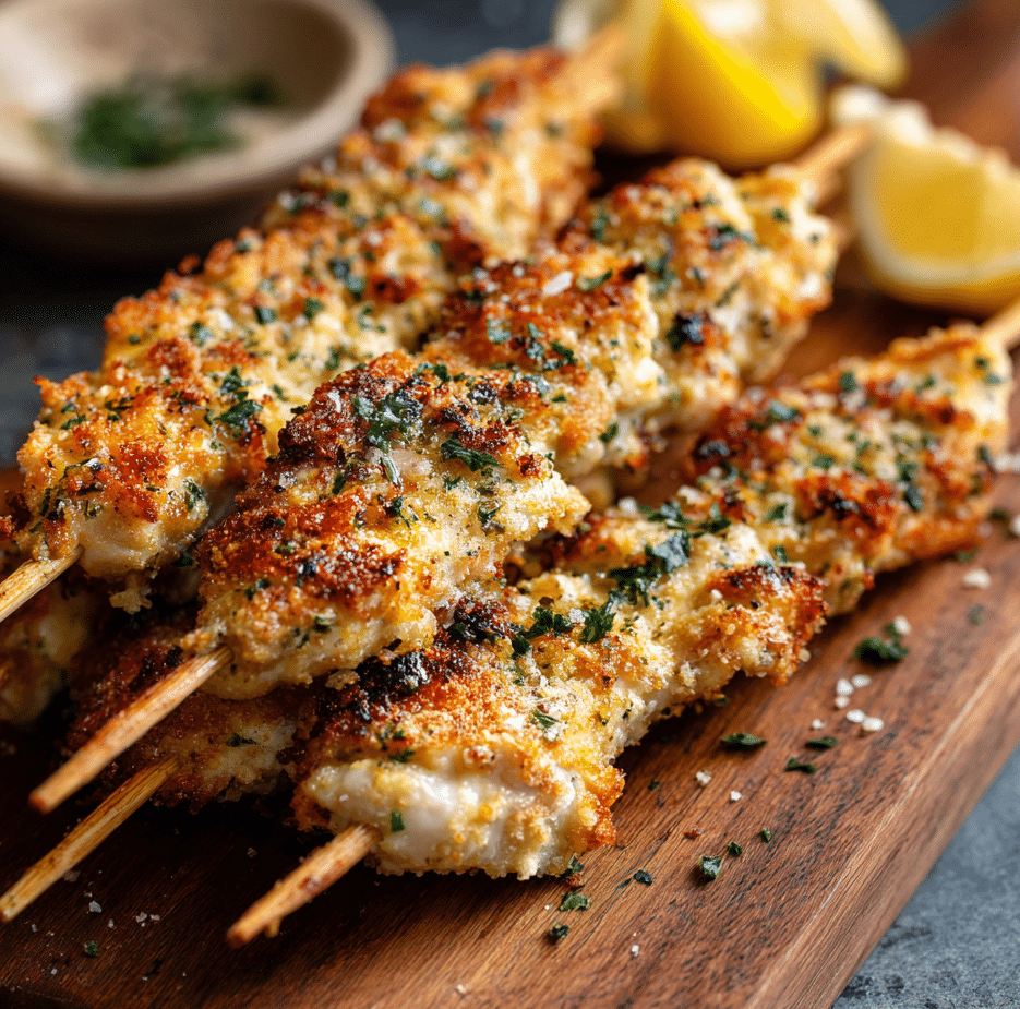 Juicy ranch garlic parmesan chicken skewers grilled to perfection and served hot.
