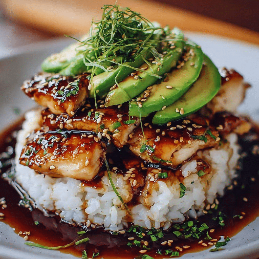 Grilled chicken and avocado over rice drizzled with teriyaki sauce in a white bowl.
