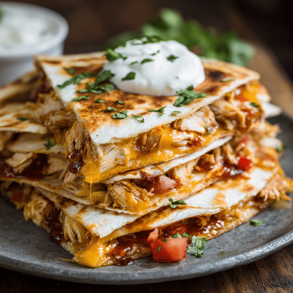 Easy chicken quesadillas cut into wedges on a white plate with salsa and guacamole on the side.