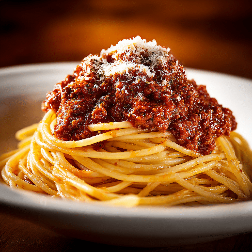 Authentic spaghetti Bolognese topped with rich meat sauce and grated Parmesan on a white plate