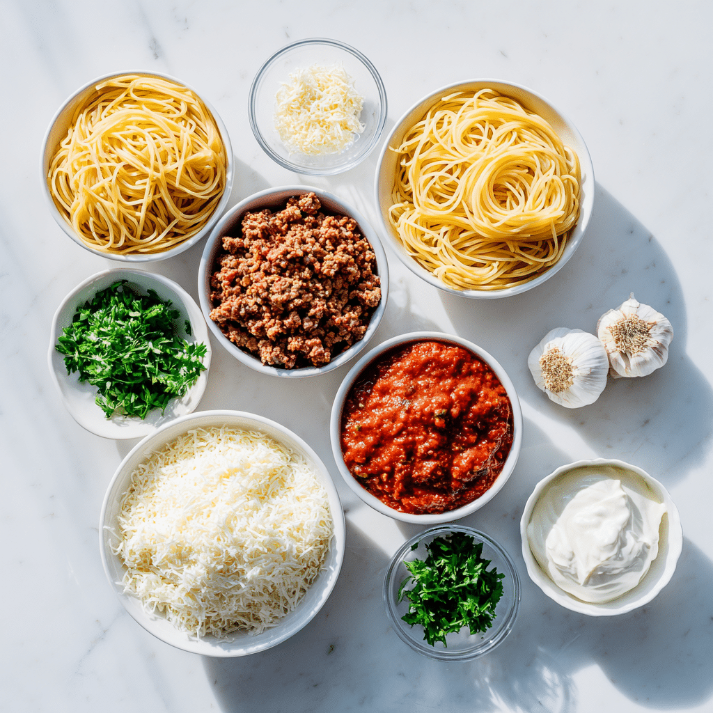 Top-down flat lay of spaghetti, cream cheese, ground beef, marinara sauce, sour cream, mozzarella, Parmesan, garlic, and fresh parsley arranged in small bowls on a light kitchen countertop under bright natural lighting.