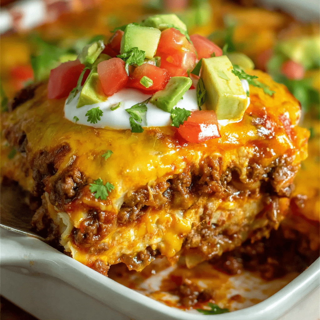 Homemade Beef Enchilada Casserole topped with melted cheese and fresh cilantro, served warm in a baking dish.