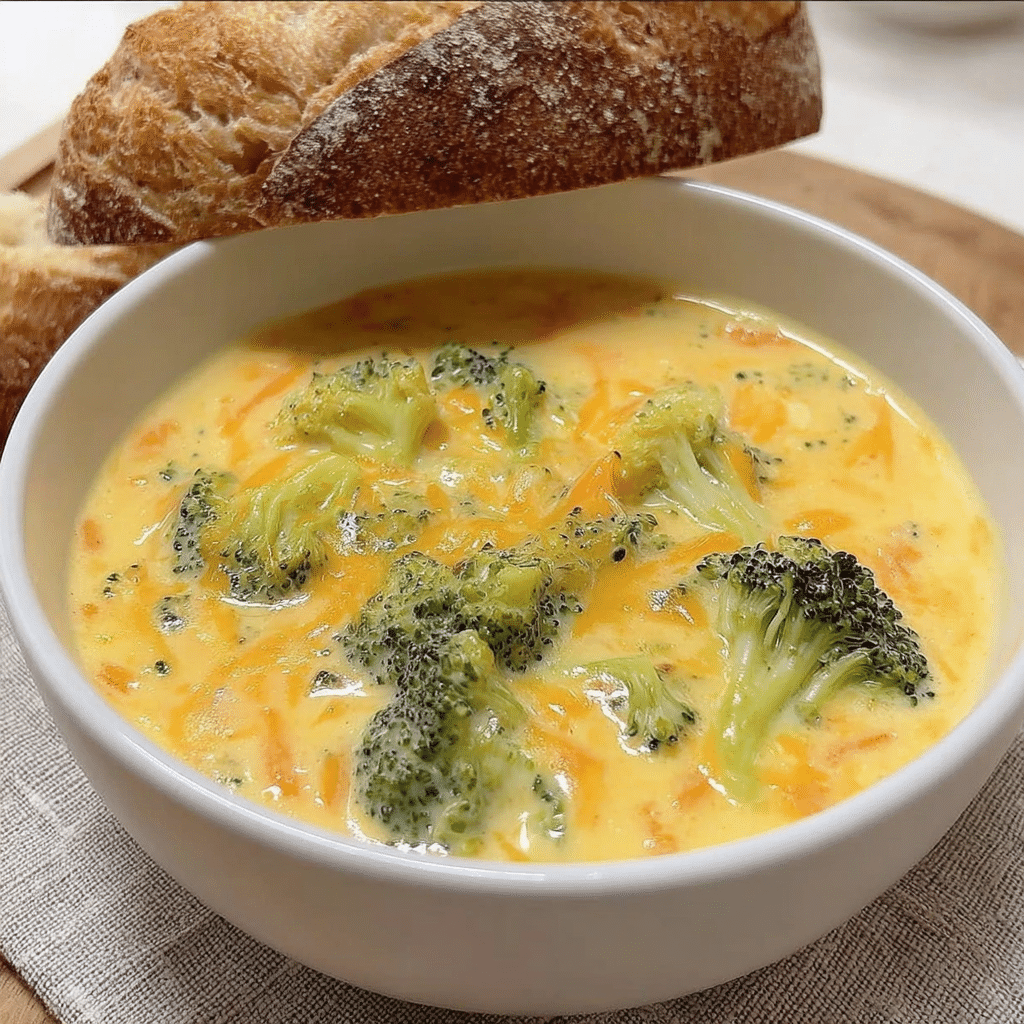 Creamy broccoli cheddar soup served in a bowl topped with melted cheese and fresh broccoli