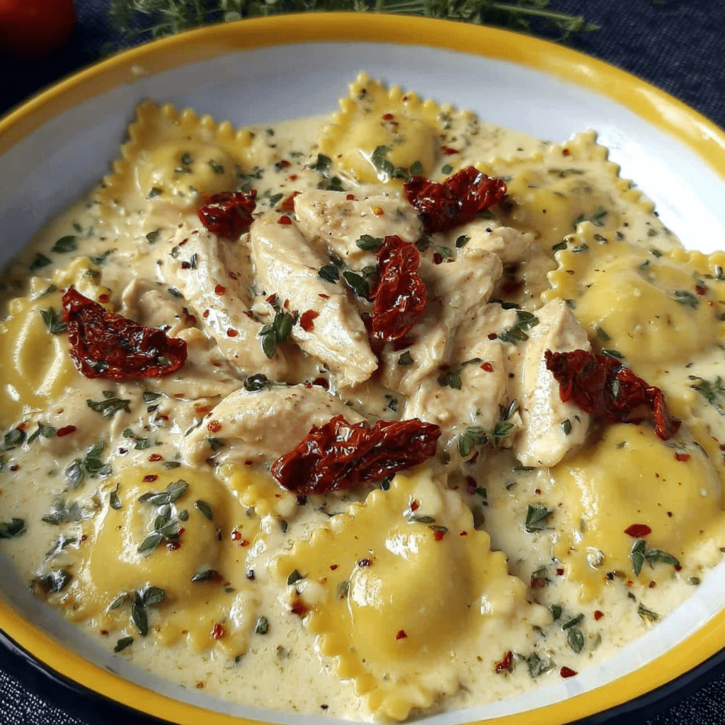 Creamy chicken à la king with ravioli and sun-dried tomatoes served in a white pasta bowl