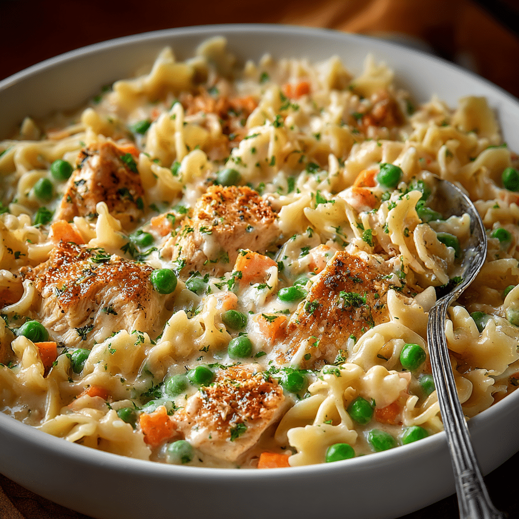 Creamy chicken pot pie pasta with peas, carrots, and tender chicken in a white bowl