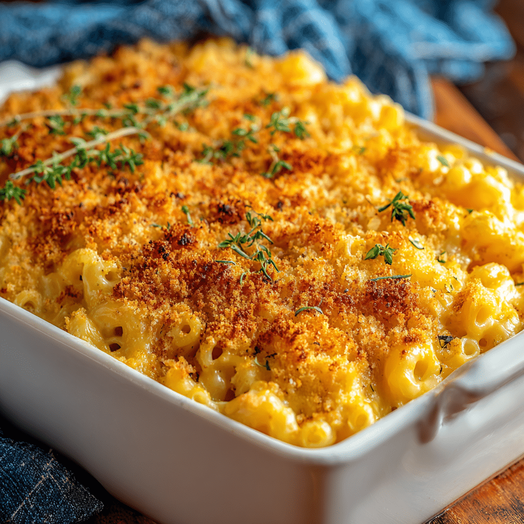Classic baked mac and cheese with golden breadcrumb topping in white casserole dish