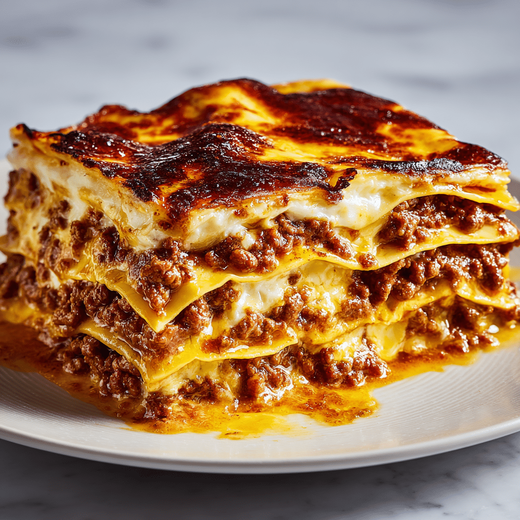 Classic lasagna Bolognese with layers of pasta, meat sauce, béchamel, and melted cheese in a baking dish