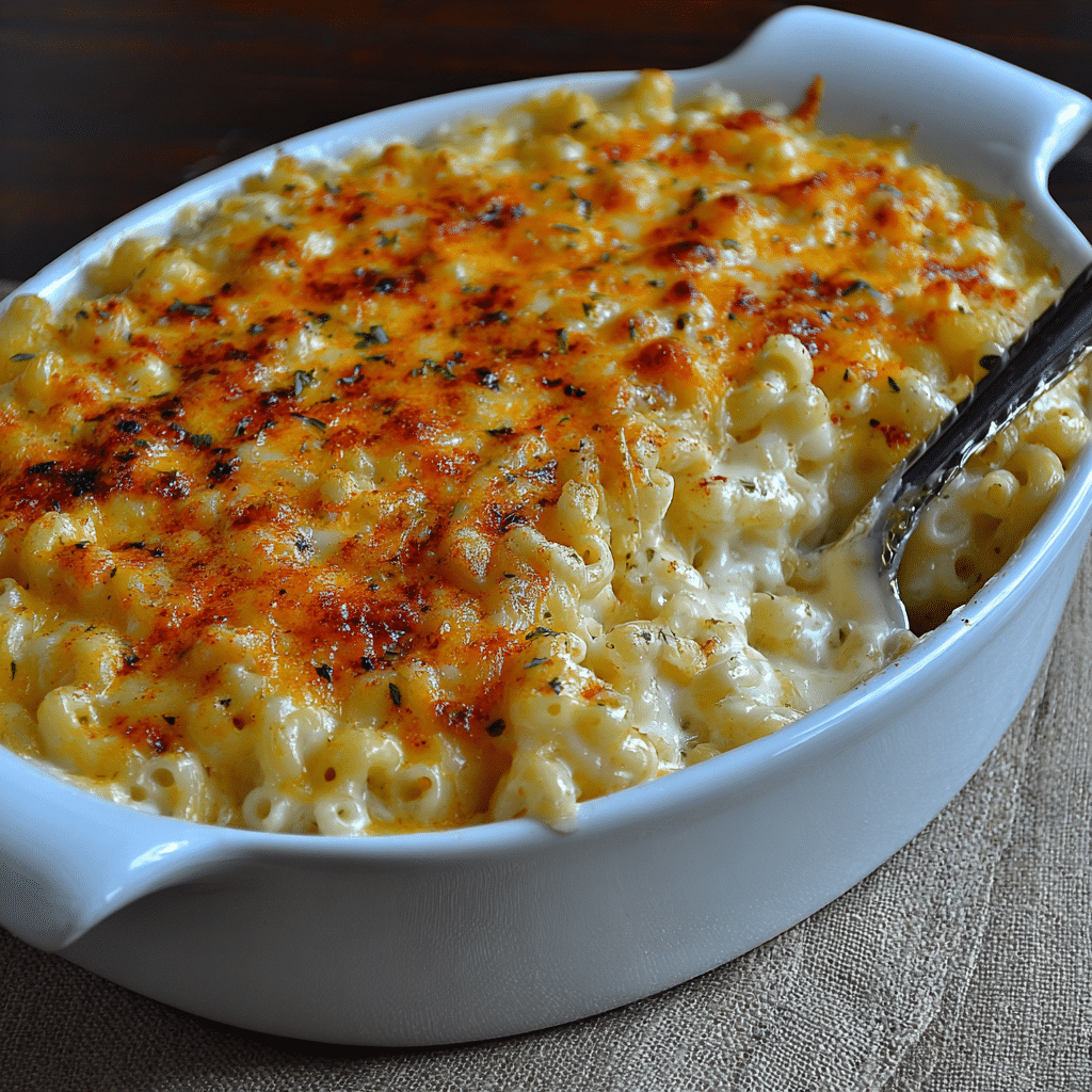 Creamy baked mac and cheese topped with golden breadcrumbs in a white baking dish