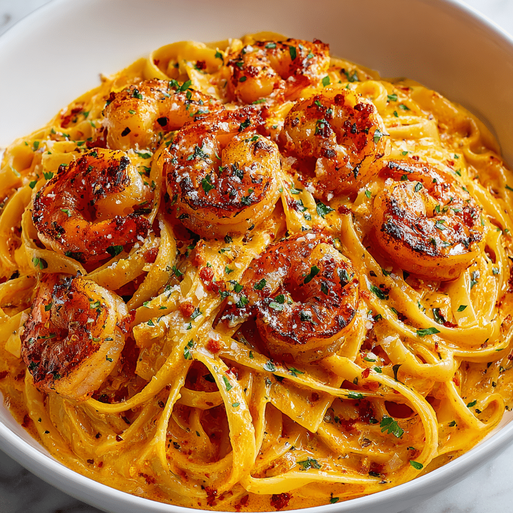 Creamy Cajun Shrimp Pasta with seared shrimp in a rich, spicy sauce