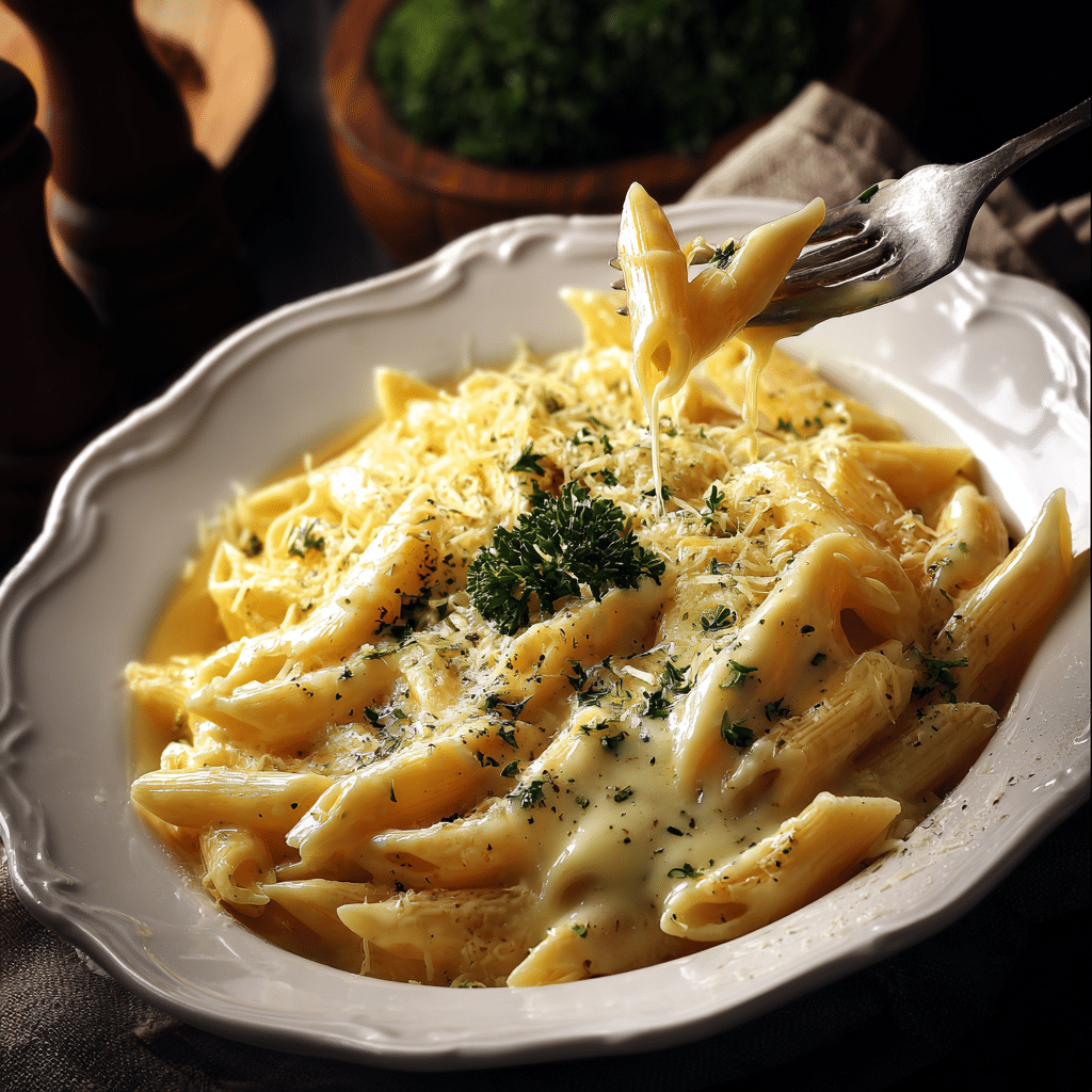 “Creamy and cheesy white sauce pasta served in a white bowl topped with parsley and melted cheese