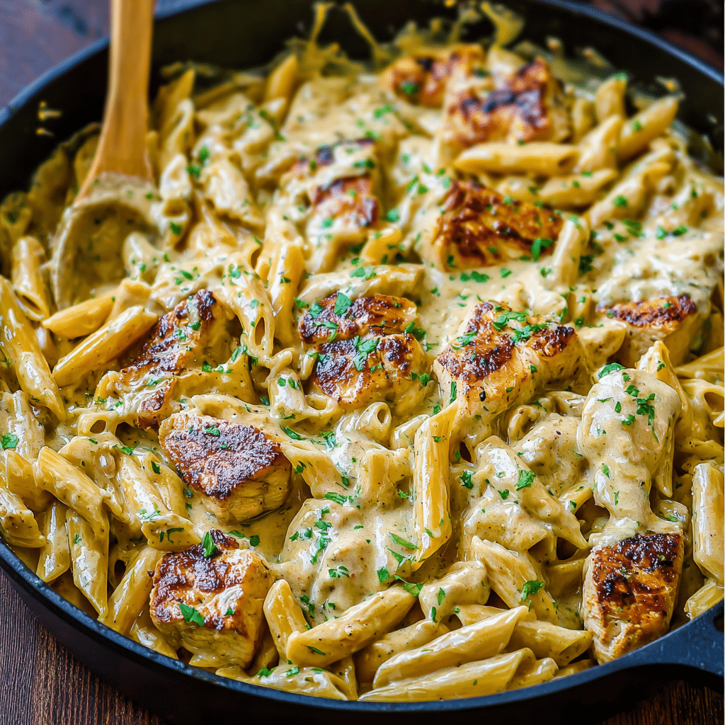 Creamy chicken pasta served in a bowl with Parmesan cheese and parsley garnish