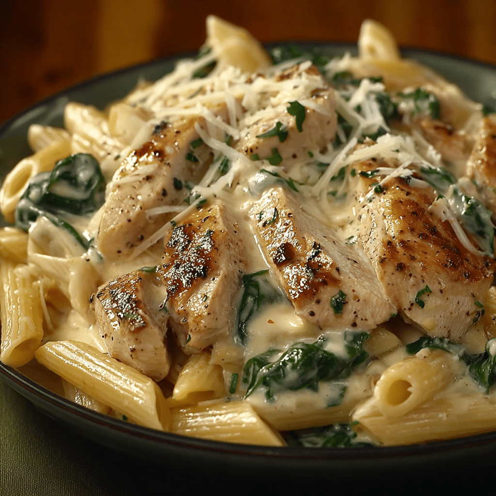Creamy chicken penne pasta in garlic Parmesan sauce served in a white bowl with parsley garnish.