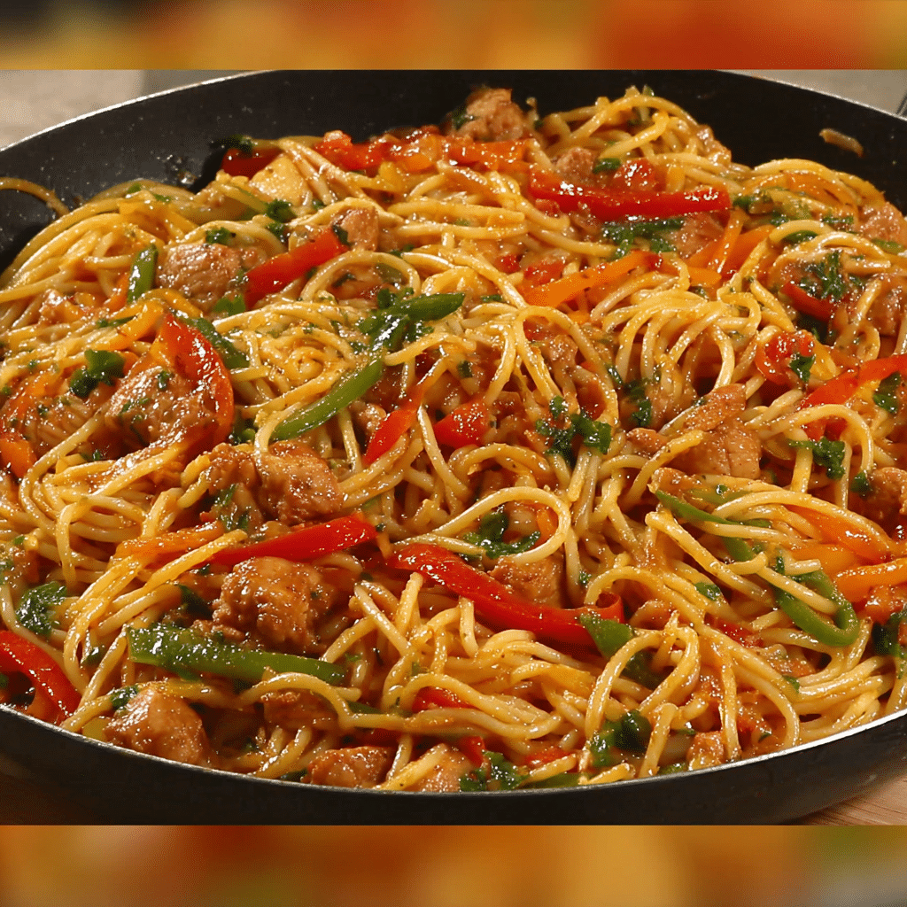 Creamy Filipino chicken spaghetti topped with cheese and sliced hotdogs in a rich tomato cream sauce.