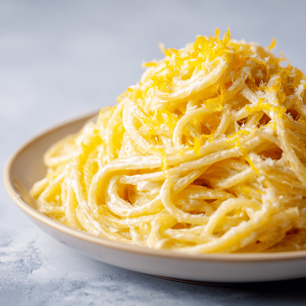 Creamy lemon ricotta pasta topped with lemon zest, basil, and Parmesan on a white plate