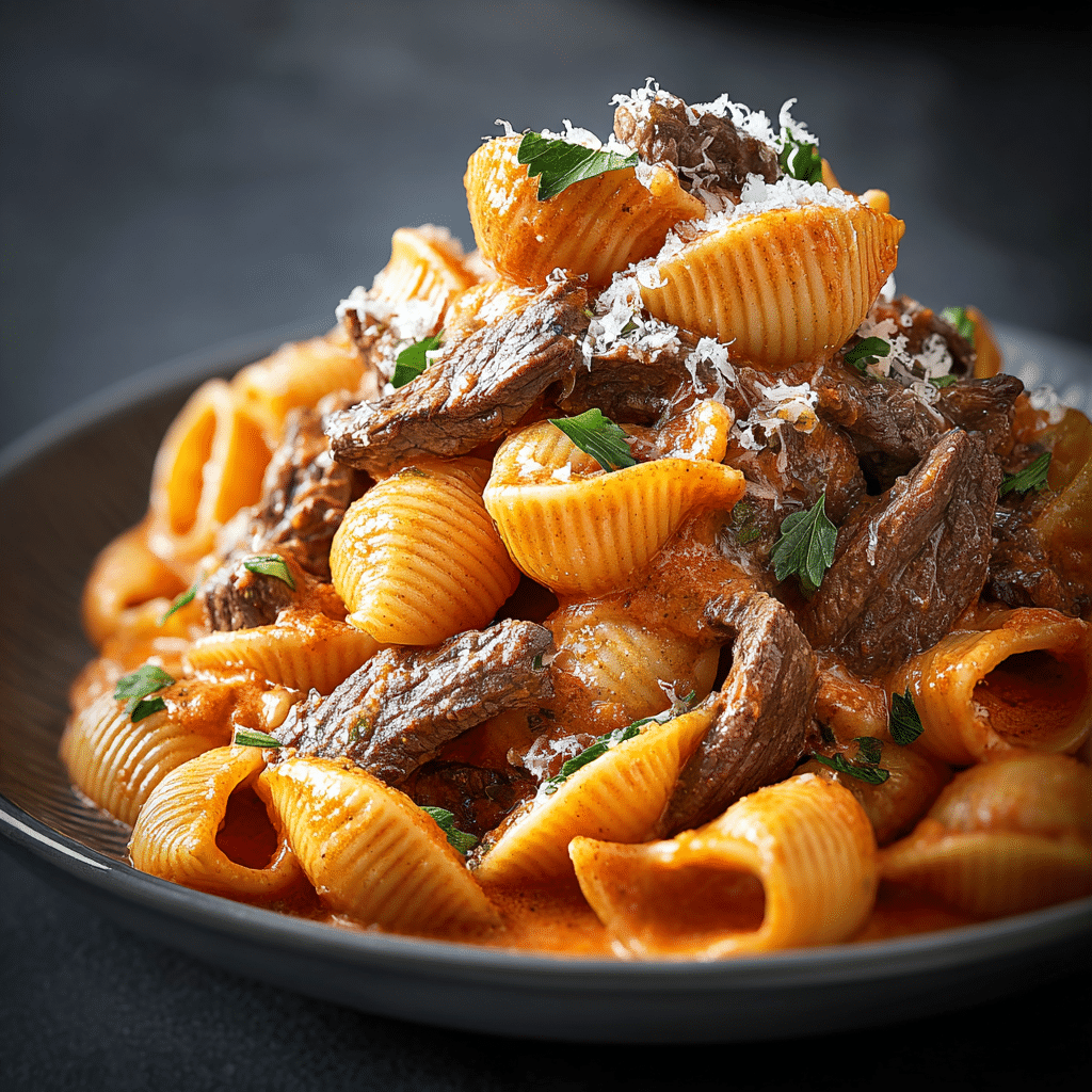 Creamy paprika steak shells with seared beef strips and creamy sauce served in a white bowl.
