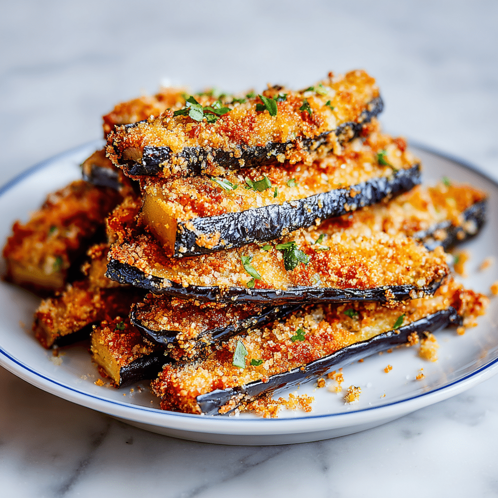Golden crispy eggplant fingers served with marinara dipping sauce on a white plate