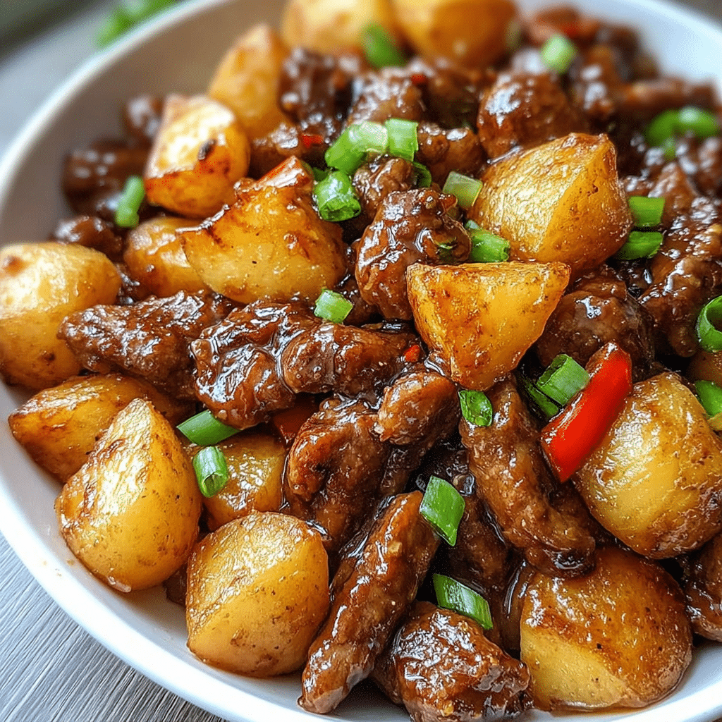 Crispy golden potatoes topped with savory saucy ground beef and garnished with fresh parsley, served in a rustic bowl.