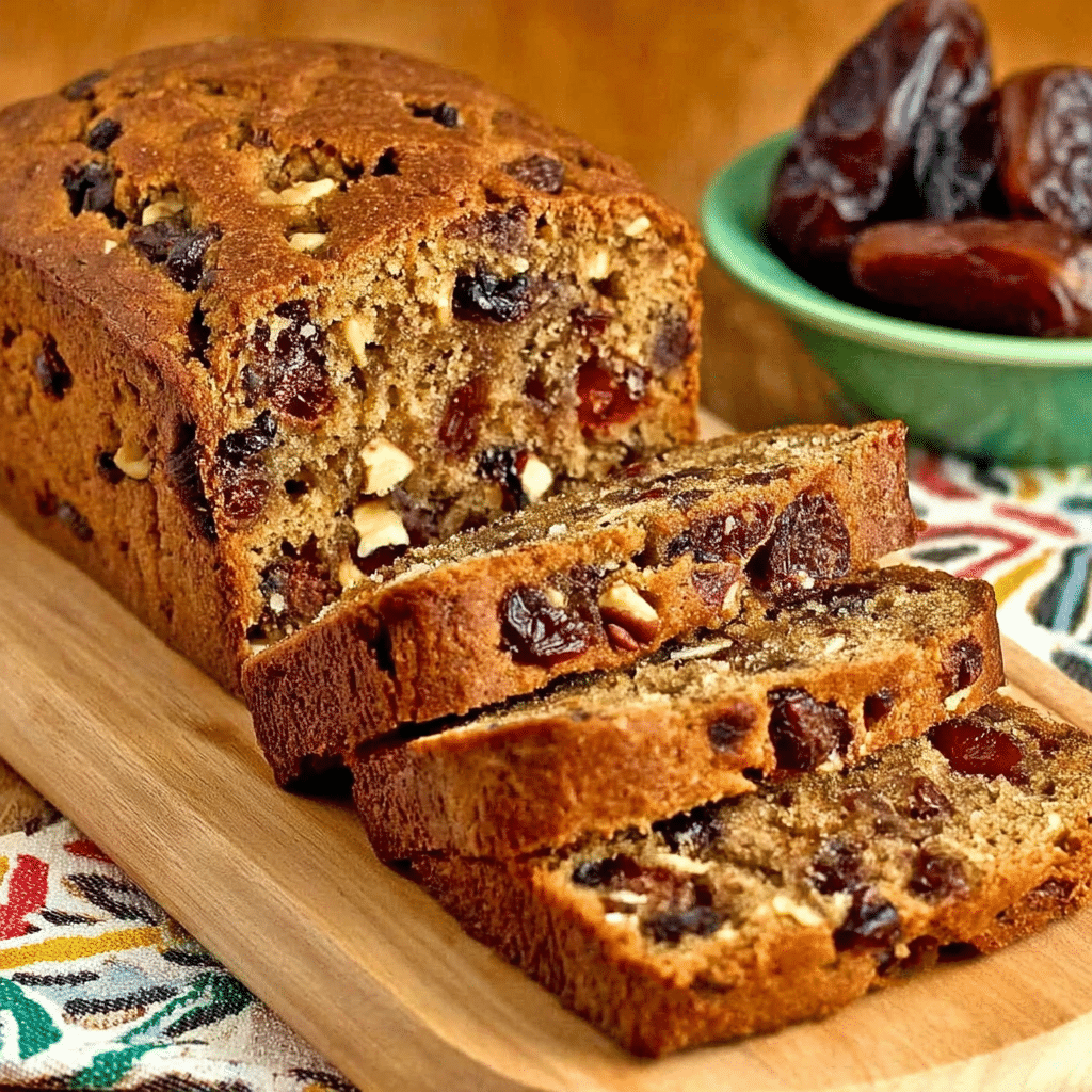 Freshly baked Date Nut Bread loaf sliced on a wooden board, showing its moist crumb with chopped dates and walnuts.