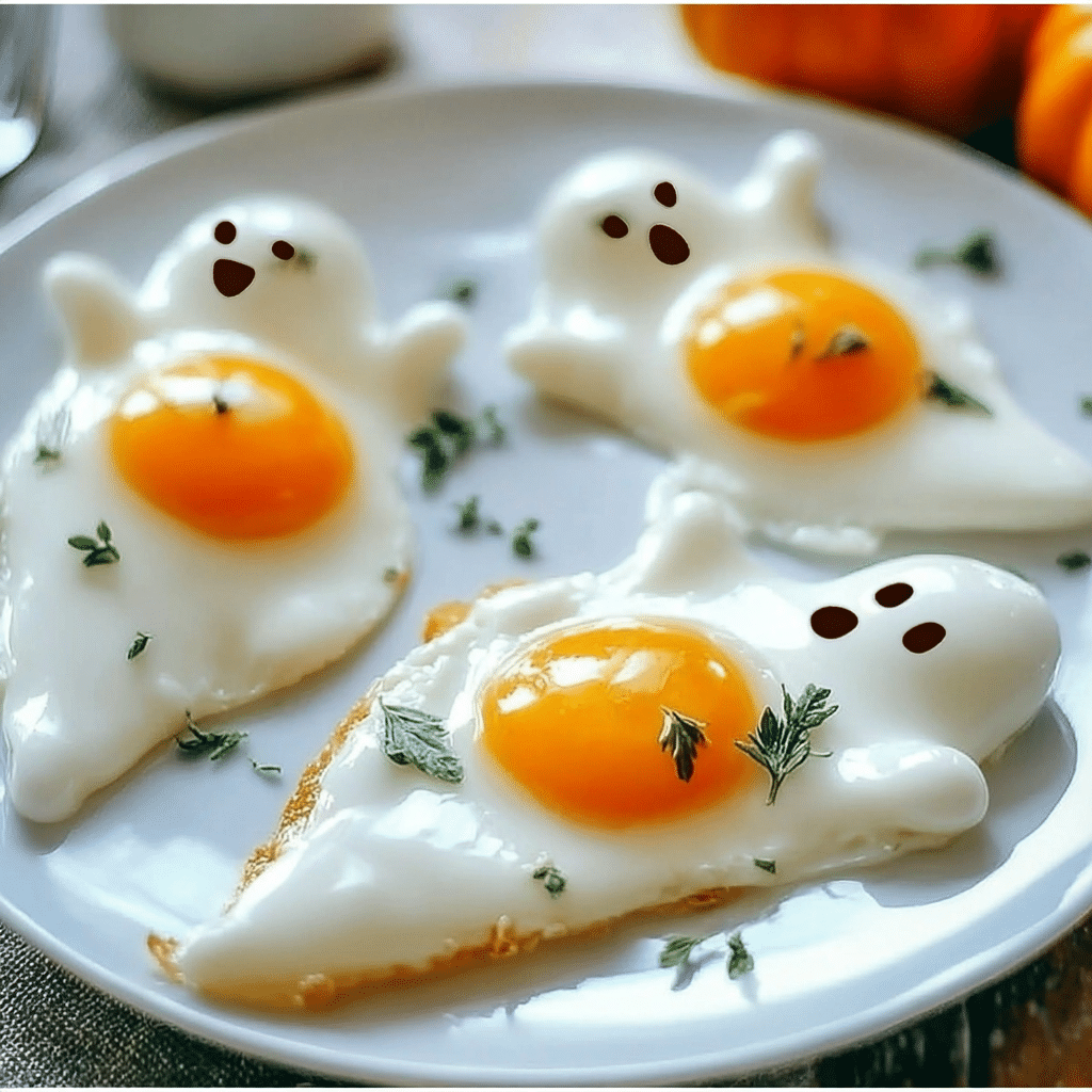 Fried eggs shaped like ghosts with black olive eyes, served on toast for a Halloween-themed breakfast.