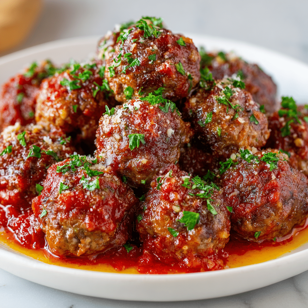 Oven-baked beef meatballs coated in marinara sauce and garnished with parsley