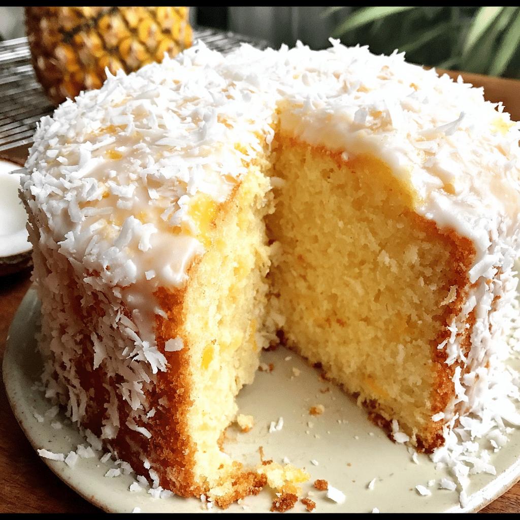 Pineapple coconut pound cake sliced on a wooden table with glaze and shredded coconut on top