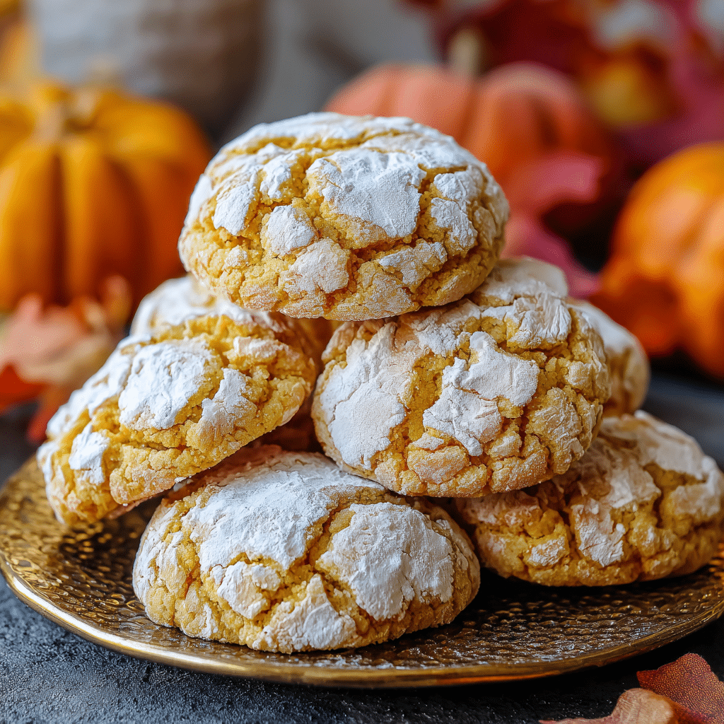 Close-up of pumpkin crinkle cookies dusted with powdered sugar on a rustic fall table.