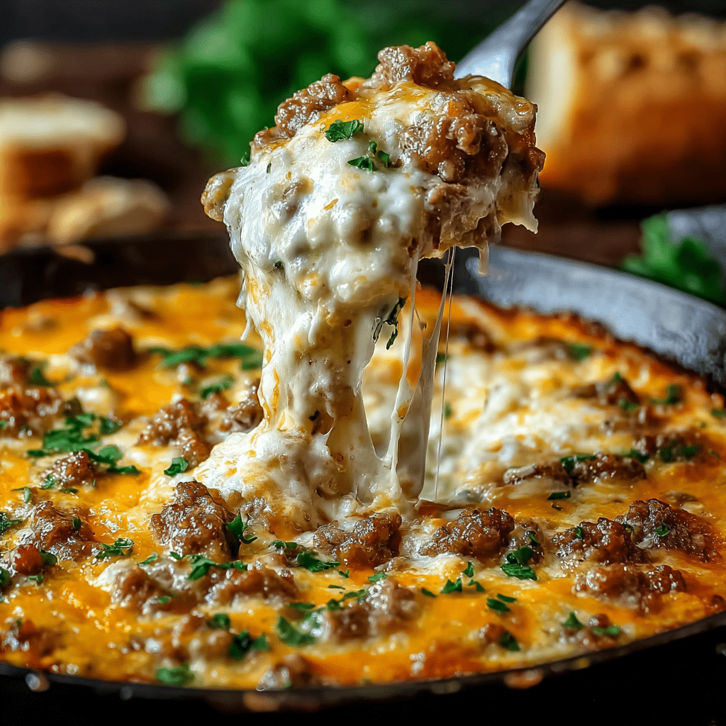 Close-up of creamy sausage cheese dip served in a rustic bowl with chips.