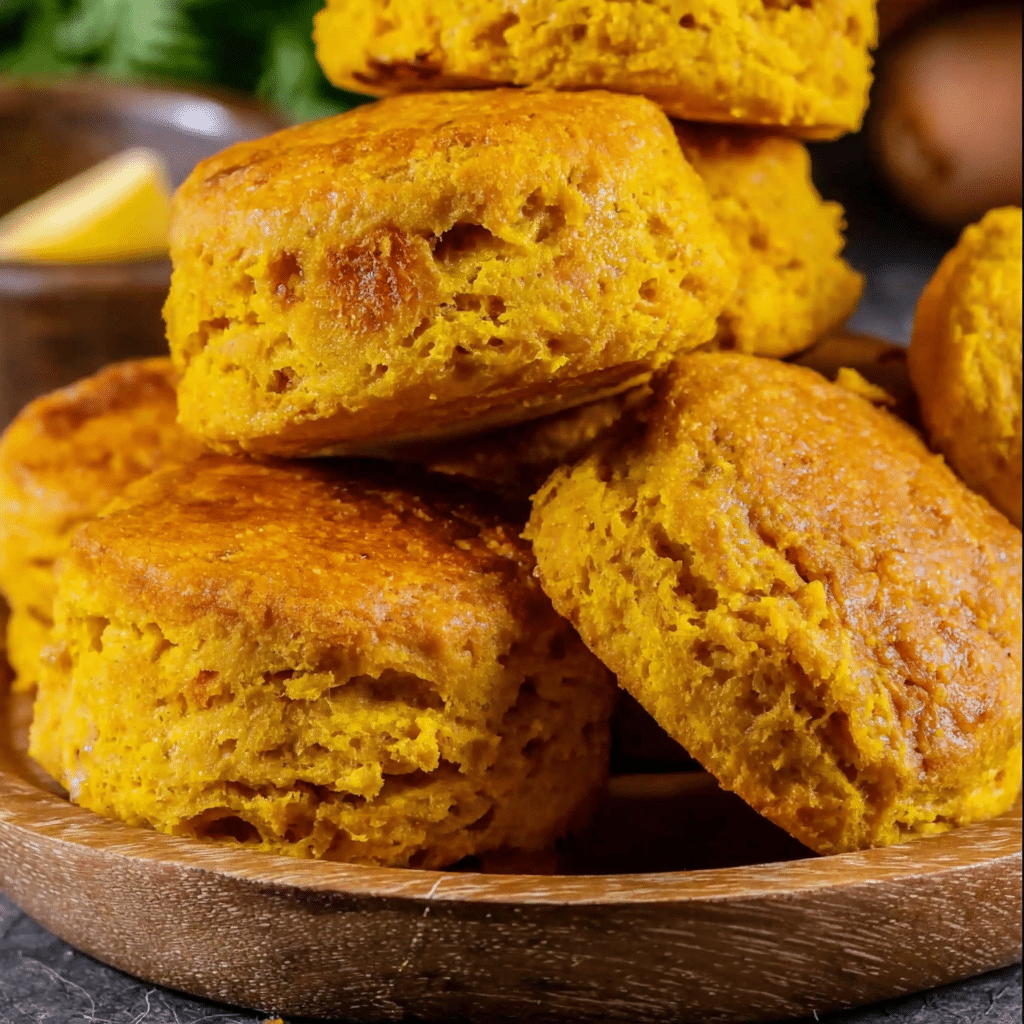Freshly baked sweet potato biscuits stacked on a plate with butter and honey drizzle.