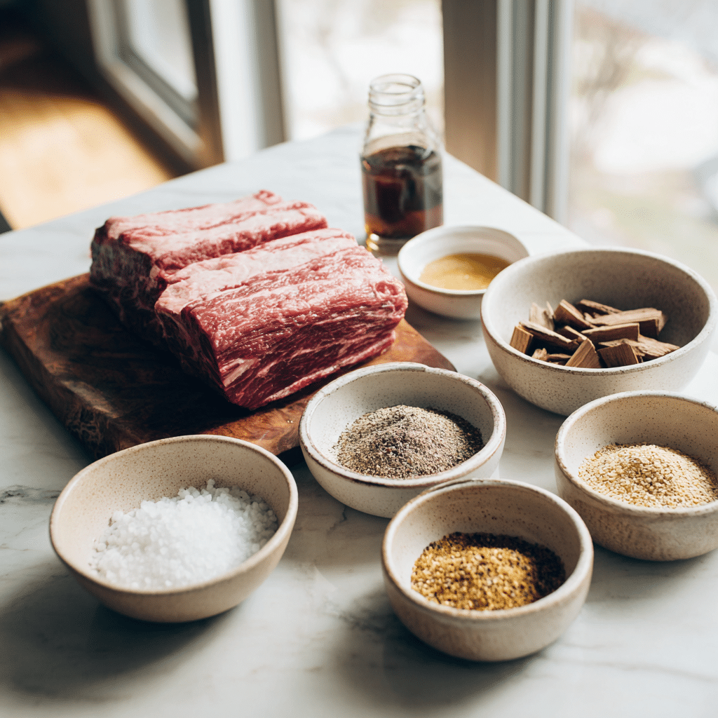 Overhead flat lay of Texas-style smoked brisket ingredients including raw brisket, salt, black pepper, mustard, garlic powder, apple cider vinegar, and oak wood chunks arranged in ceramic bowls on a light countertop with natural window lighting.