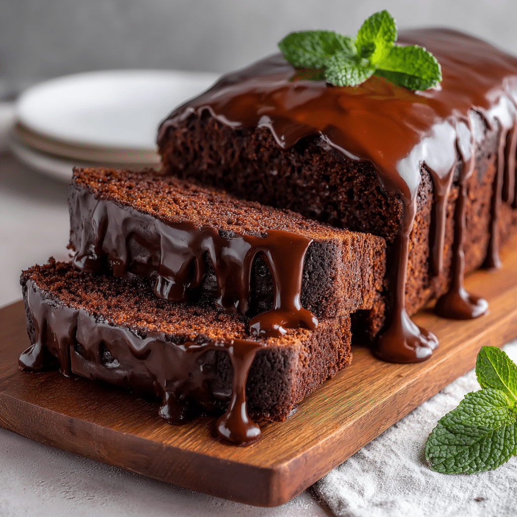 Triple chocolate buttermilk pound cake topped with glossy chocolate glaze, sliced to reveal a rich, moist interior with chocolate chips.