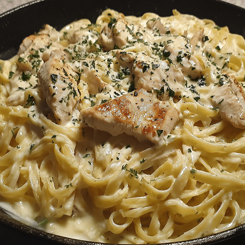 Creamy Chicken Alfredo Pasta topped with Parmesan and parsley