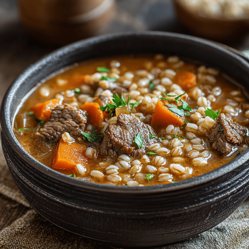 Hearty beef and barley soup in a rustic bowl with carrots and parsley on top