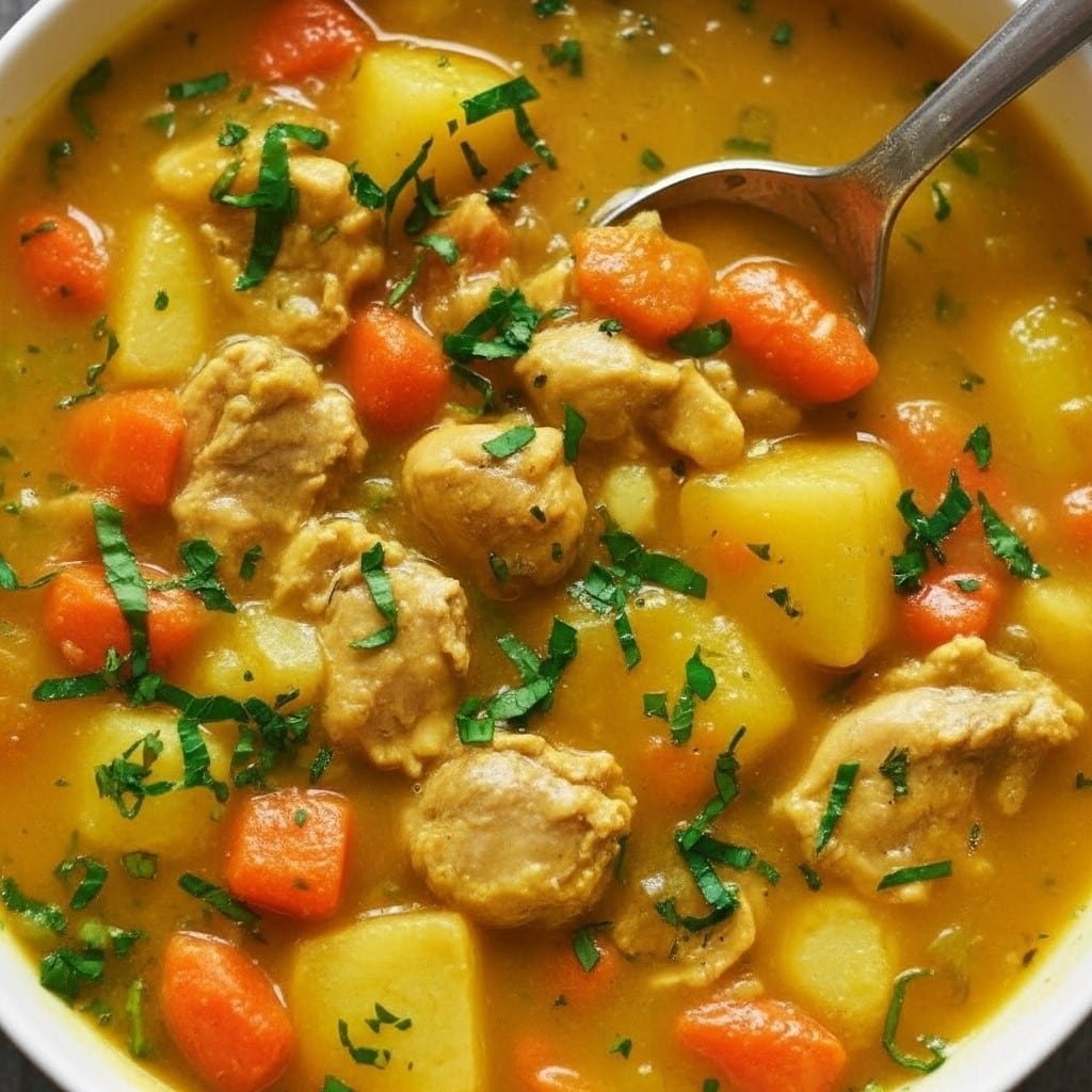 Hearty chicken stew served in a rustic bowl with tender chicken, carrots, potatoes, and fresh parsley in a savory broth, placed on a wooden table with warm lighting