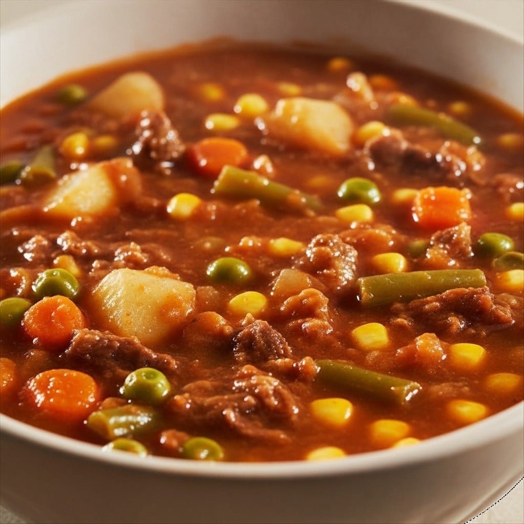 Old-fashioned vegetable beef soup with tender beef, carrots, potatoes, peas, and green beans in a savory broth, served in a rustic bowl