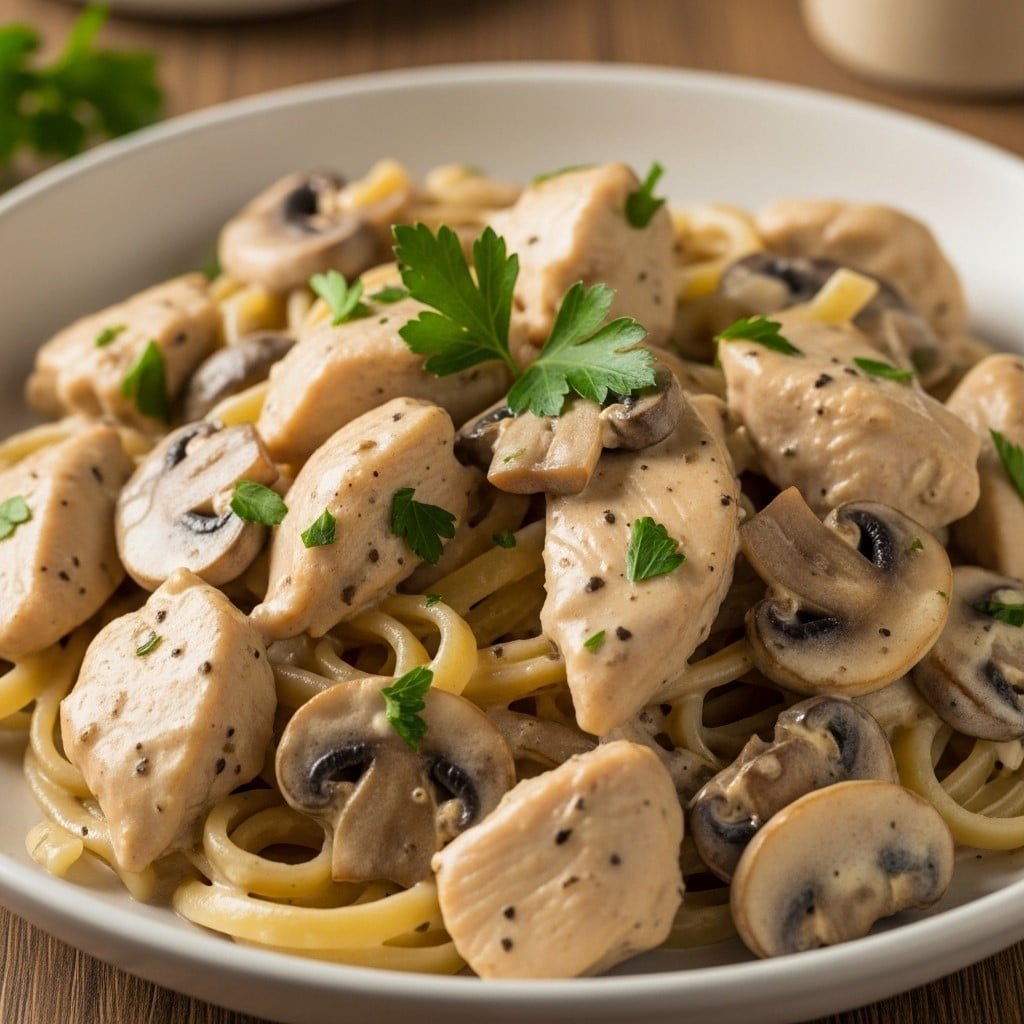 creamy chicken stroganoff with mushrooms and pasta